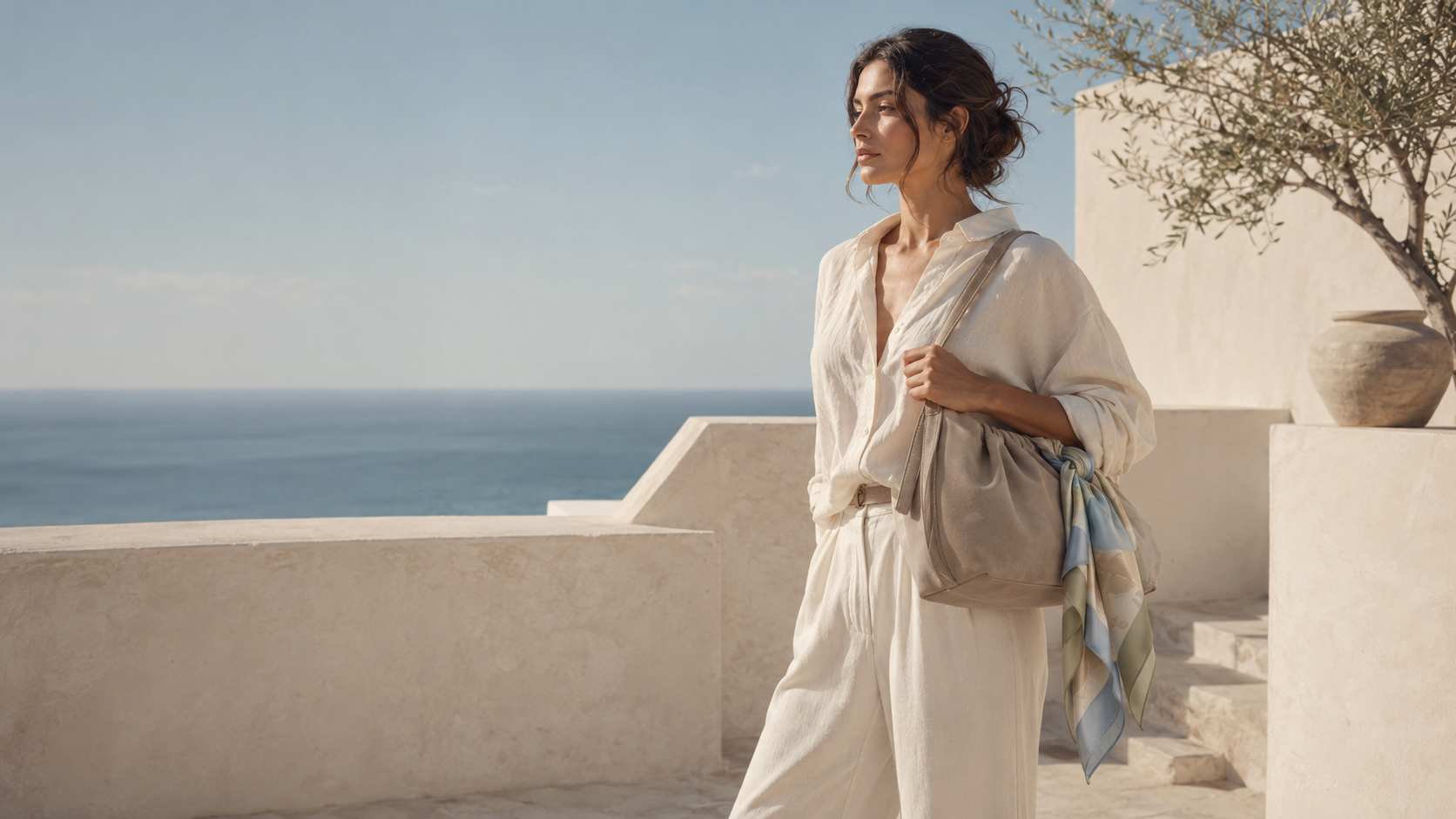 Mulher com mala taupe e lenço em cenário mediterrânico — TÁCITA
