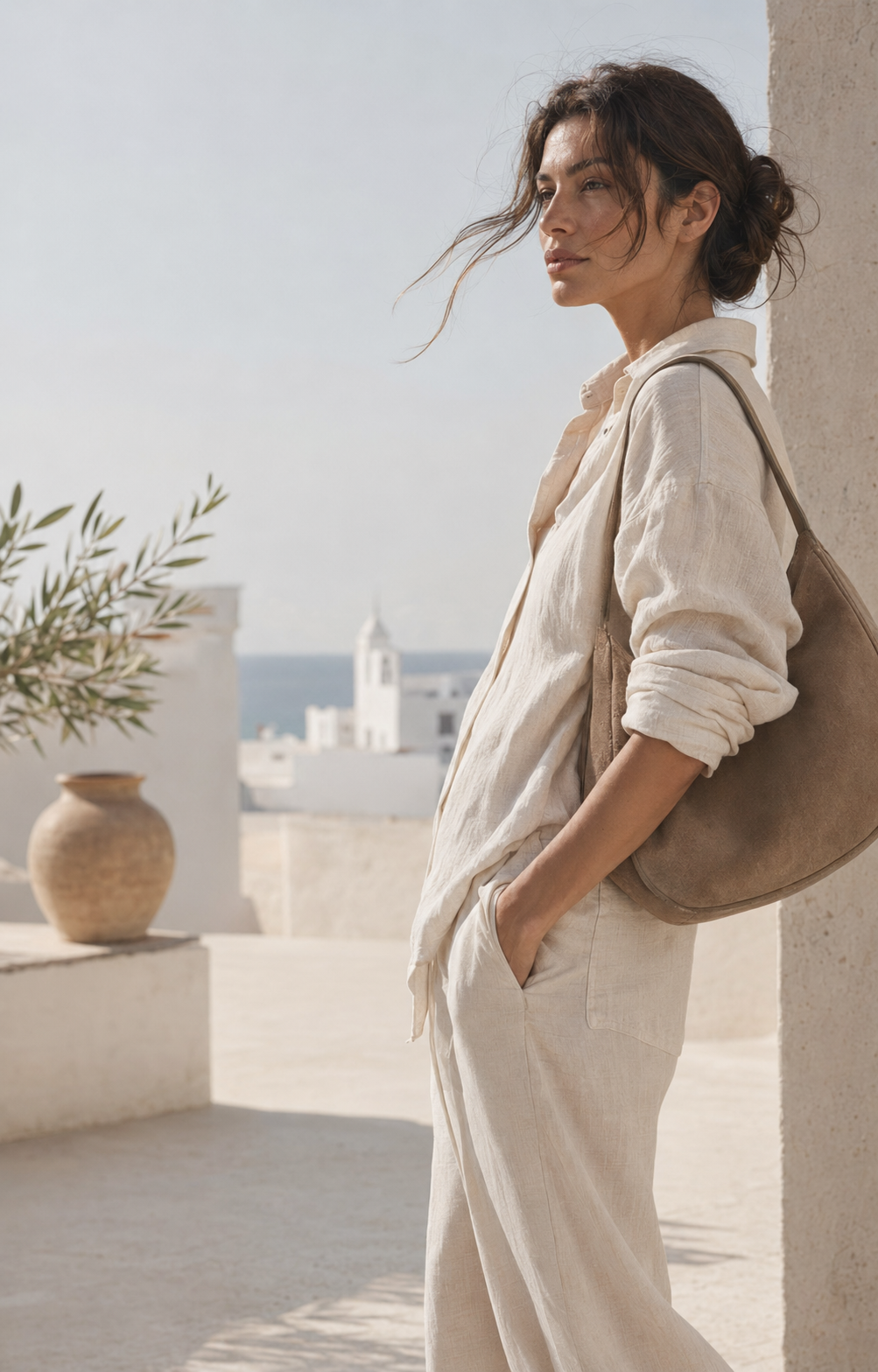 Mulher com mala em tons taupe num terraço mediterrânico