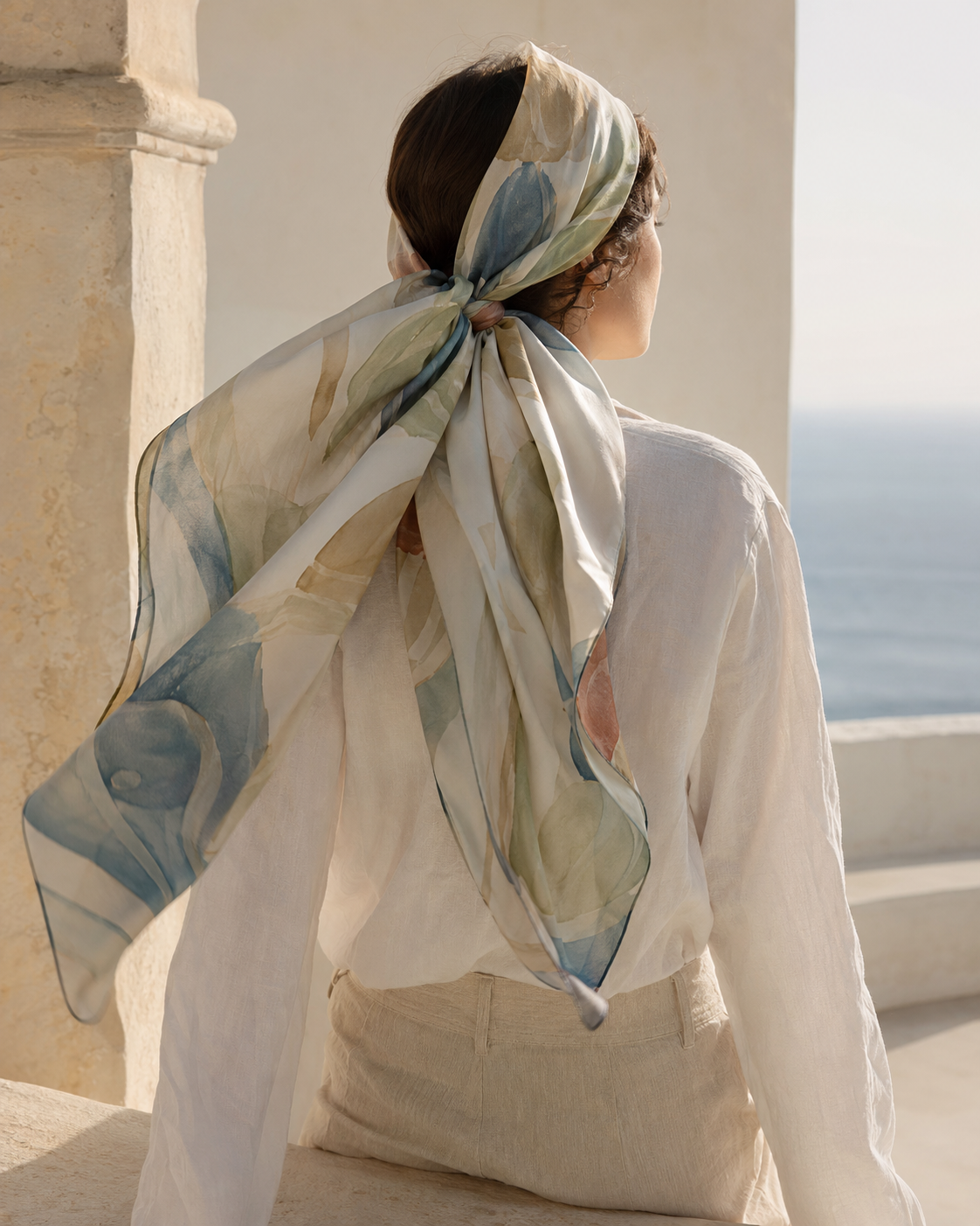 Mulher com lenço TÁCITA em tons azul poeirento, sálvia e manteiga junto ao Mediterrâneo